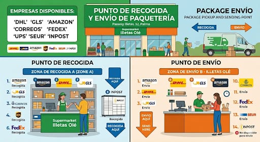 Punto de recogida y envío — DHL, GLS, Amazon, Correos, FedEx, UPS, SEUR, InPost